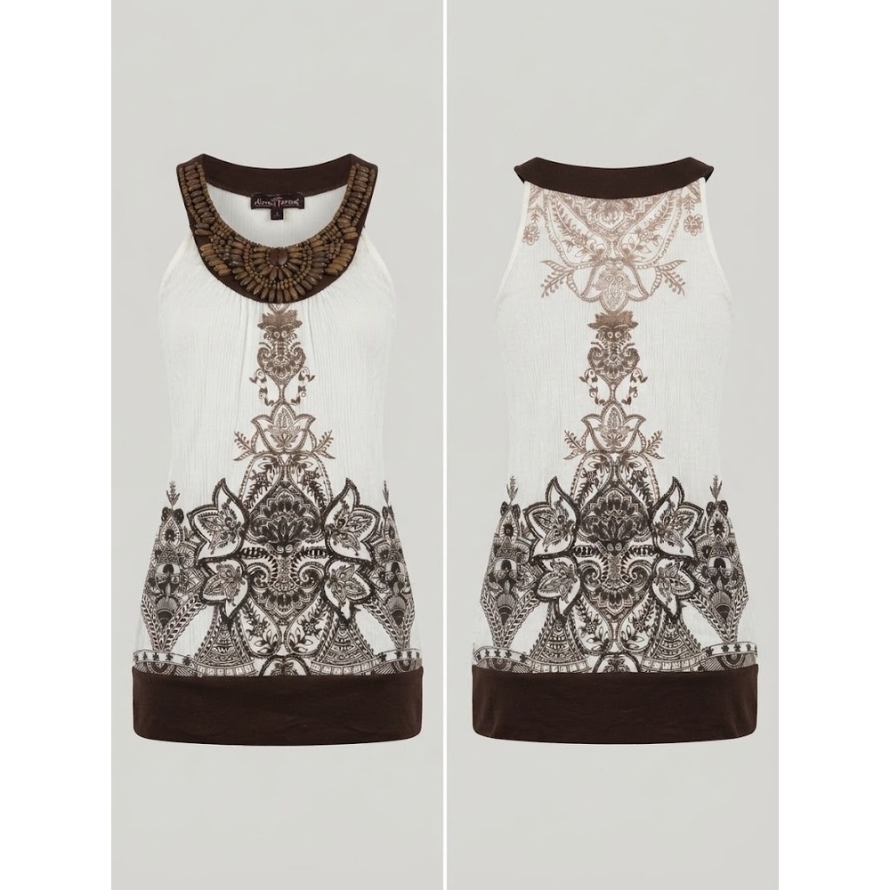 Women S Boho Tunic Top White Brown Beaded Paisley Sleeveless Y2K Festival